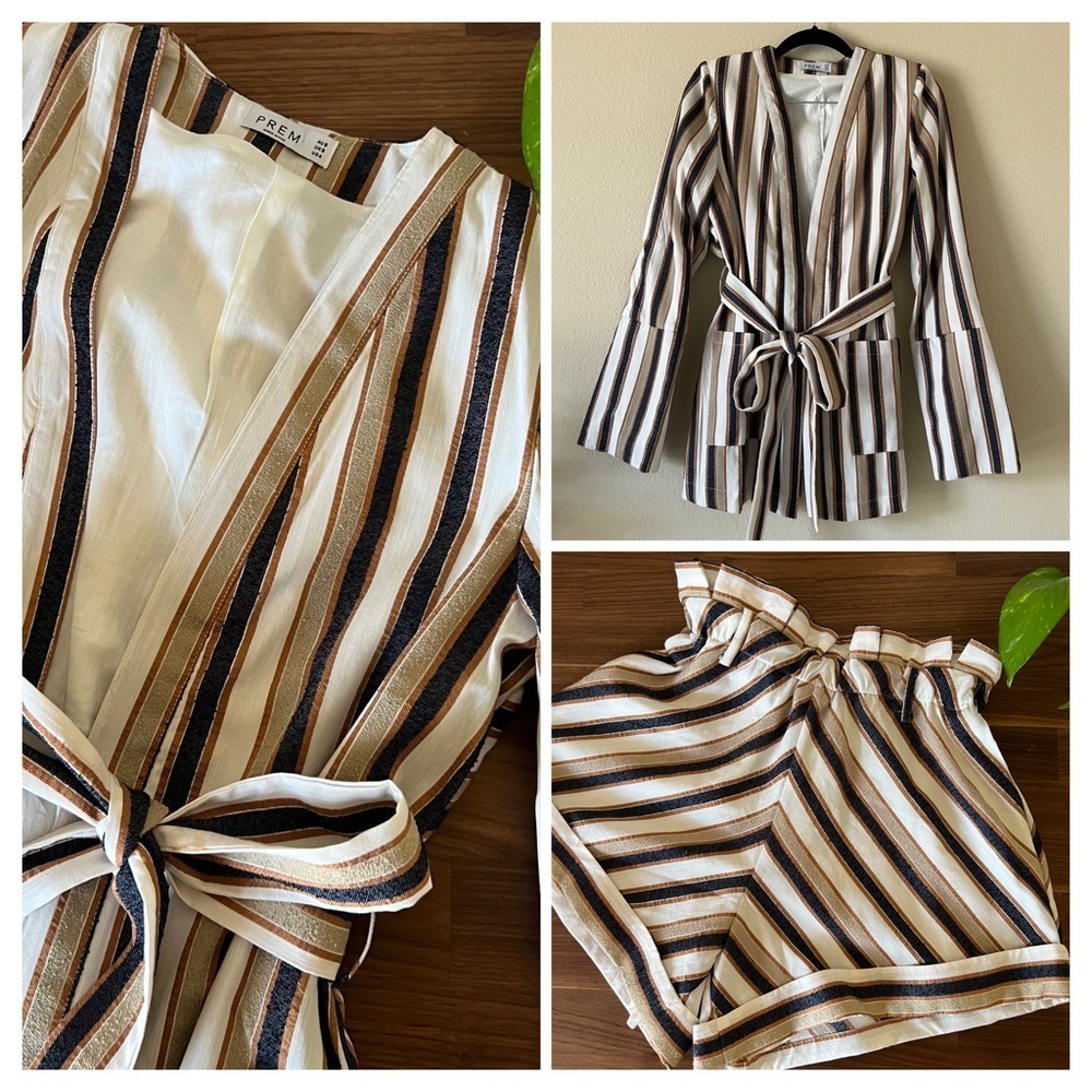 Prem the Label Striped Neutral Trench Coat Blazer Shorts Suit Set, size S